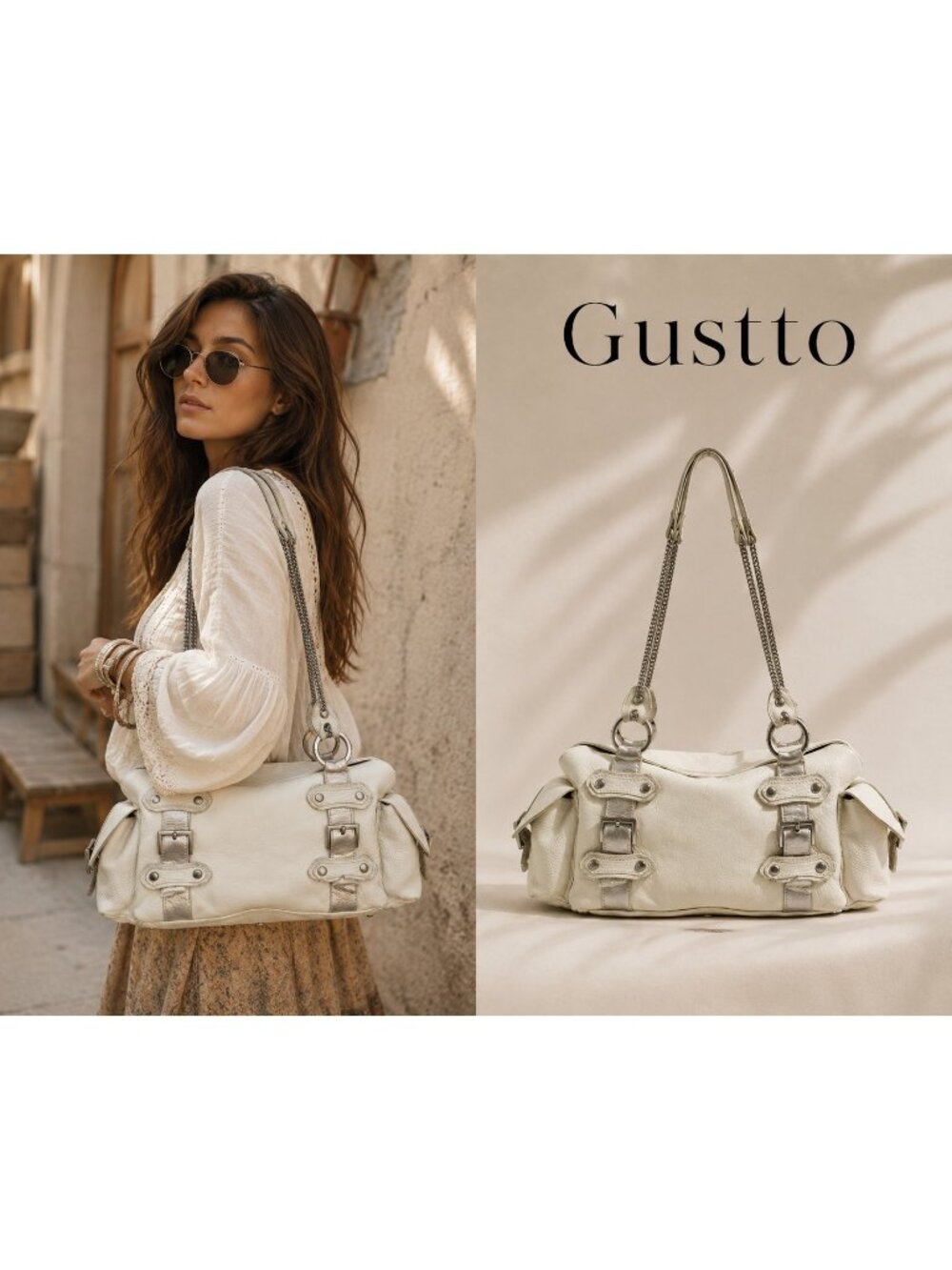 Gustto White Leather Shoulder Bag Silver Chain Y2K Moto Satchel